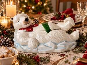 Vintage Epoch Polar Party Polar Bear Ceramic Cookie Jar Christmas 1990s